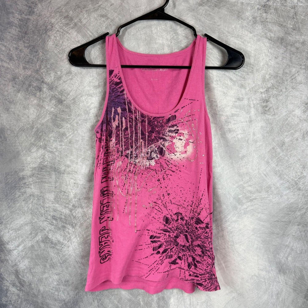 Y2K 2000's Pink Ribbed Graphic Tank Top Silver Glitter Large Calvin Klein